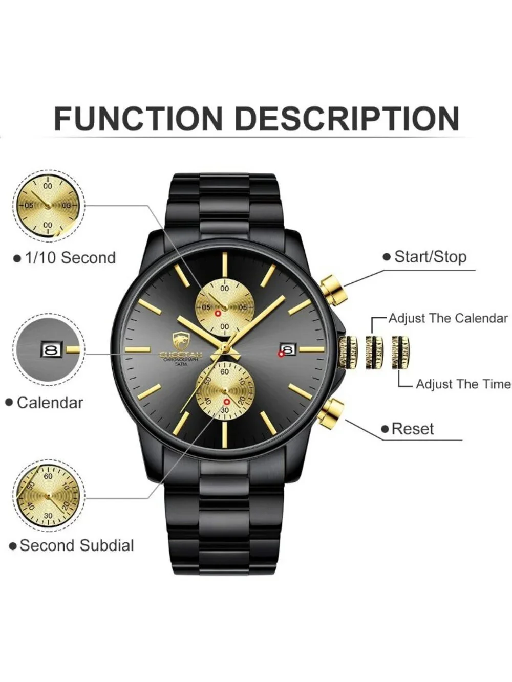 Men's Black And Gold Face Stainless Steel Waterproof Chronograph Quartz Watch
